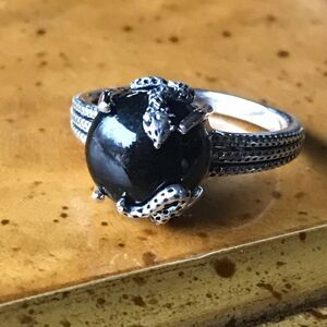 Natural Black Jade Sterling Silver Snake Ring Size 7